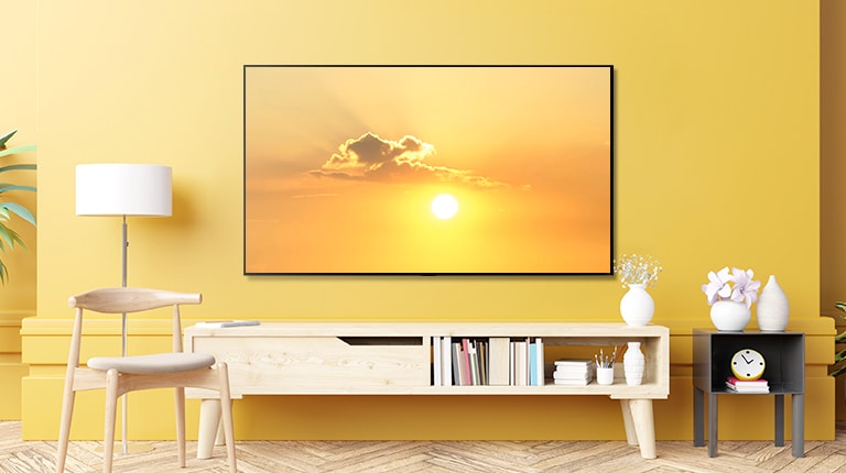 A TV hanging on living room shows a sky with bird flying. TV turns off and the scene changes to show a TV hanging on bedroom and TV turns on and the TV shows the same scene of a sky with bird flying.