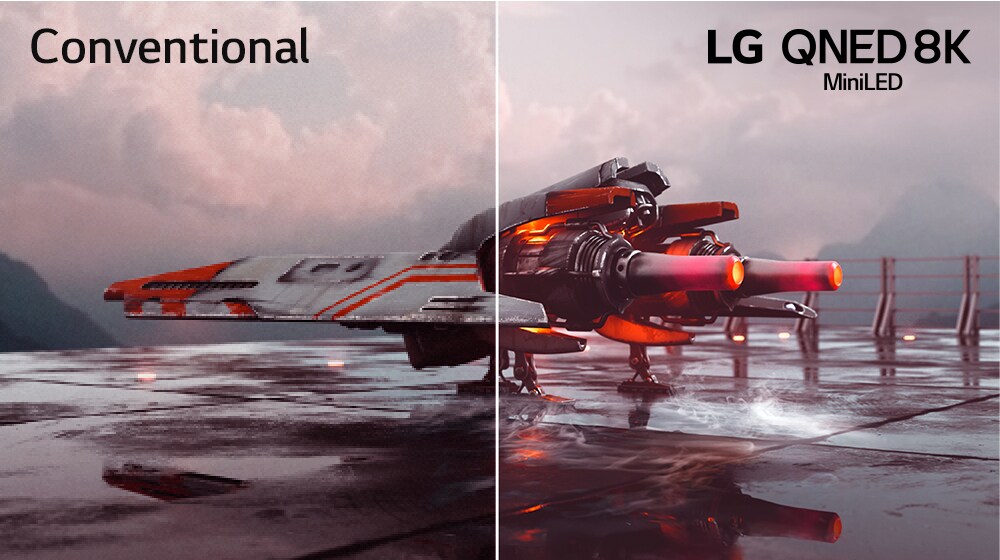 There is a red fighter plane and an image is divided into two – left half of image seems less colorful and slightly darker while right half of image is brighter and more colorful. On left top corner of image says Conventional and on right top corner is LG QNED Logo.