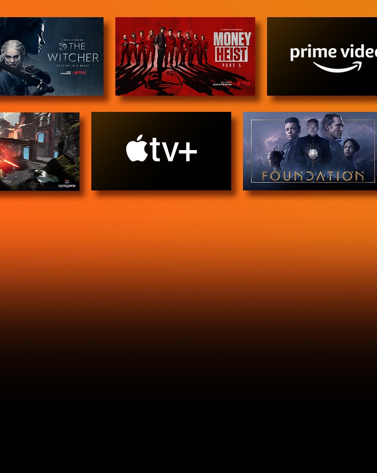 There are logos of streaming service platforms and matching footages right next to each logo. Netflix logo and money heist and the Witcher. Prime Video logo and Without Remorse and The Wheel of Time. Livenow logo and mamamoo teaser image and OneUs teaser image. NVIDIA Geforce Now logo and gameplay images of Cyberpunk 2077 and Splitgate. Apple TV plus logo and Foundation and Finch.