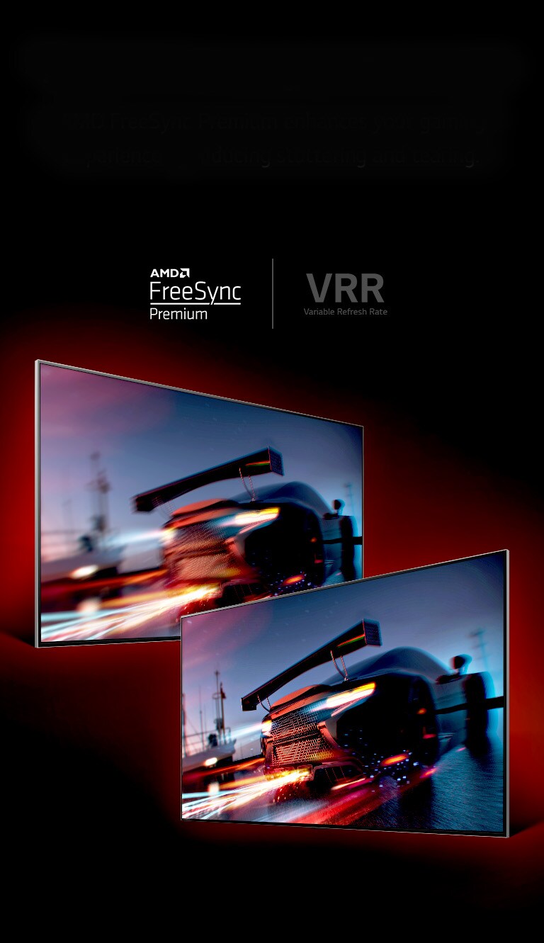 There is QNED TV standing in front of red wall – inscreen image shows a basketball game with two players playing game. Right below, there are two boxes of image. On left says VRR OFF and shows a blurry image of the same image and on the right says VRR ON and shows the same image.