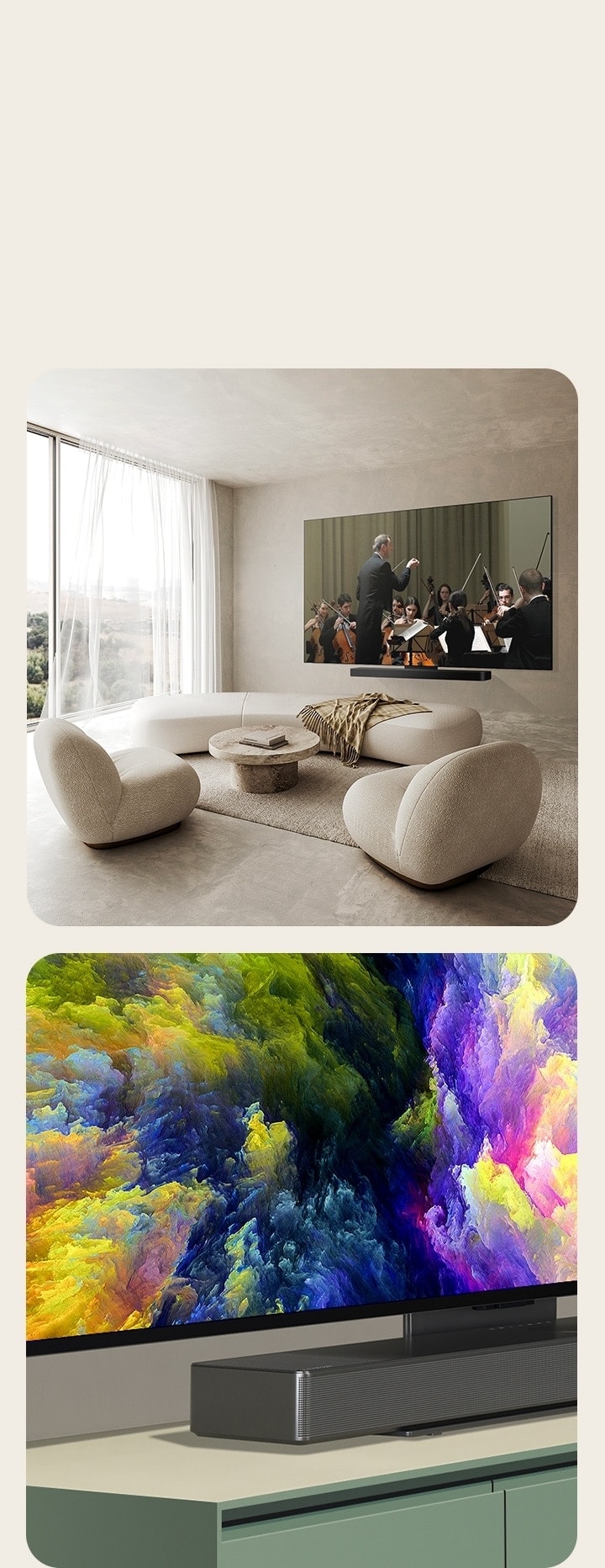 An angled perspective of the bottom corner of OLED C4 showing an abstract artwork on the screen.  OLED C4 and an LG Soundbar in a clean living space flat against the wall with an orchestral performance playing on screen.