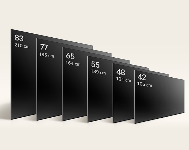Comparing LG OLED TV, OLED C4's varying sizes, showing OLED C4 42", OLED 48", OLED C4 55", OLED C4 65", OLED C4 77", and OLED C4 83".