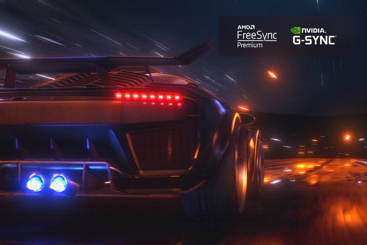 A blurry scene of a car driving fast in a racing game. The scene is refined, resulting in smooth and clear action. FreeSync Premium logo and NVIDIA G-SYNC logo in the top right corner.