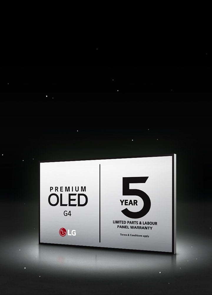 LG OLED Care+ and 5 Year Panel Warranty logo against a black backdrop.