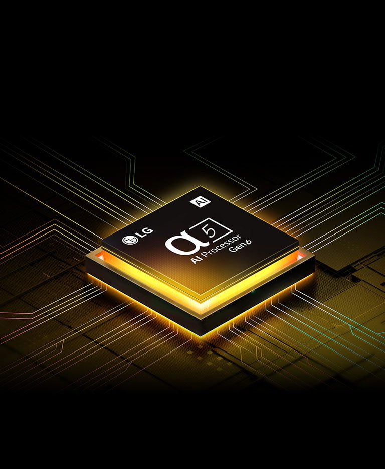 LG's alpha 5 AI Processor 4K Gen6 with yellow light emanating underneath, and colorful circuit board lines branching off the AI Processor.