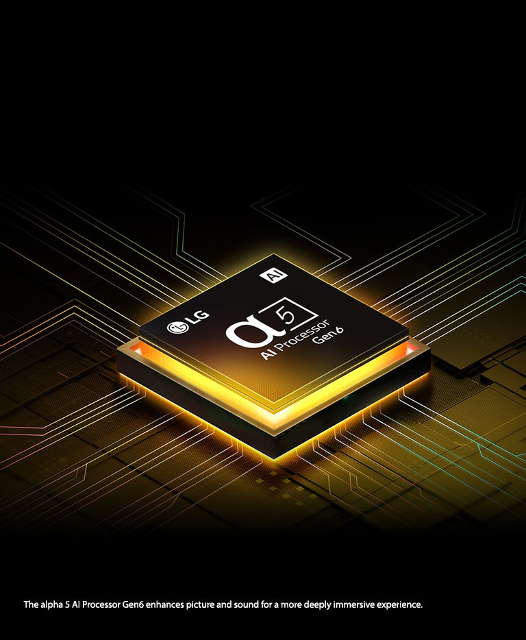LG's alpha 5 AI Processor 4K Gen6 with yellow light emanating underneath, and colorful circuit board lines branching off the AI Processor.