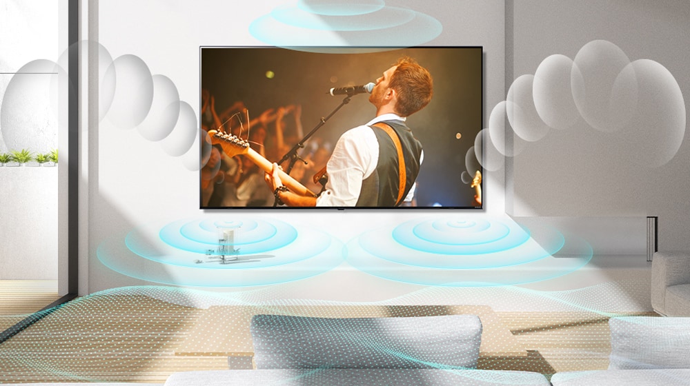 AI Sound Pro is activated and an image is shown as if rich sound fills the space with sound effects.