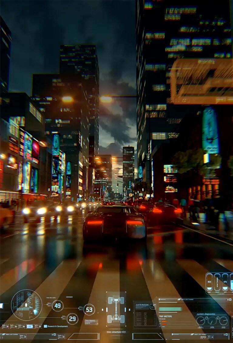 A video following a car from behind in a video game as it drives through a brightly-lit city street at dusk.