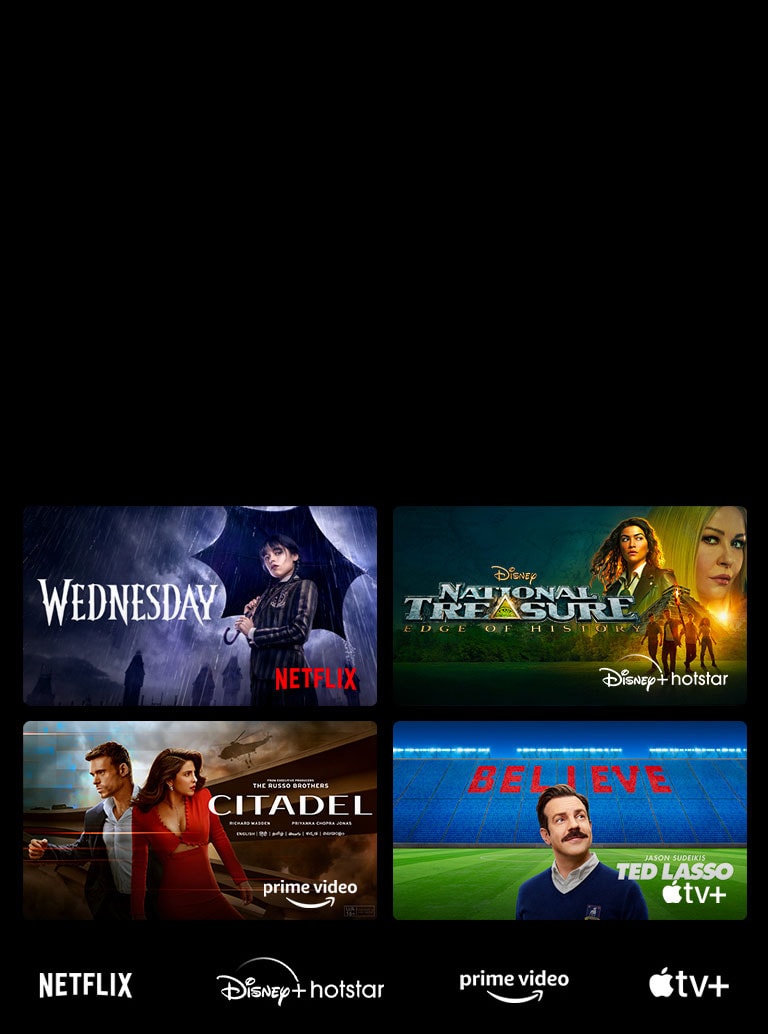 There are logos of streaming service platforms and matching footages right next to each logo. There are images of Paramount+'s Tulsa King, sky showtime's TOP GUN, and LG CHANNELS' leopard.