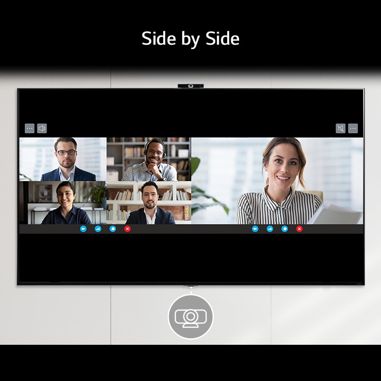 LG 86UR8050PSB Three functions of multi-view are rolled and shown. Side by Side has a camera pictogram below and shows two screens making a video call. Picture in Picture has a camera pictogram below and I can see myself copying the exercise video. Finally, Dual Monitor shows a pictogram image and two document screens associated with the computer.