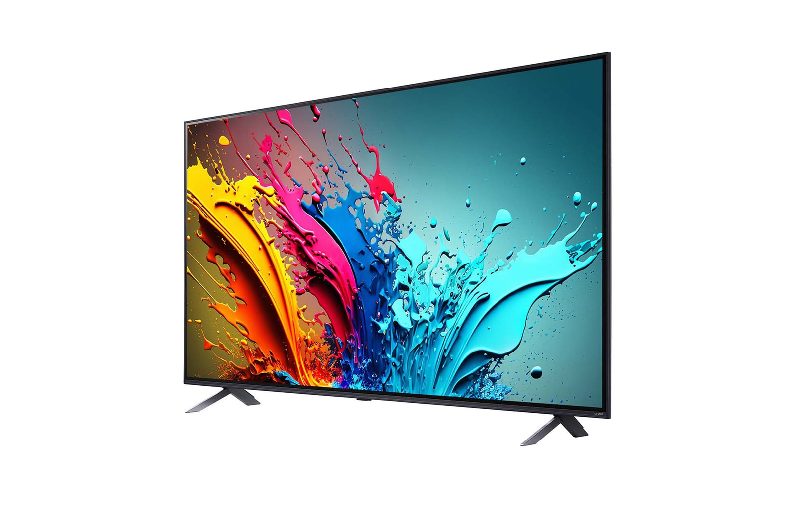 Slightly-angled left-facing side view of LG QNED TV, QNED88