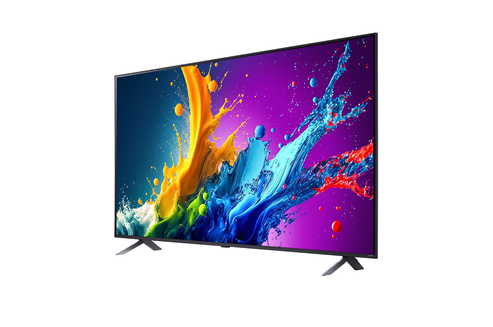 Slightly-angled left-facing side view of LG QNED TV, QNED80