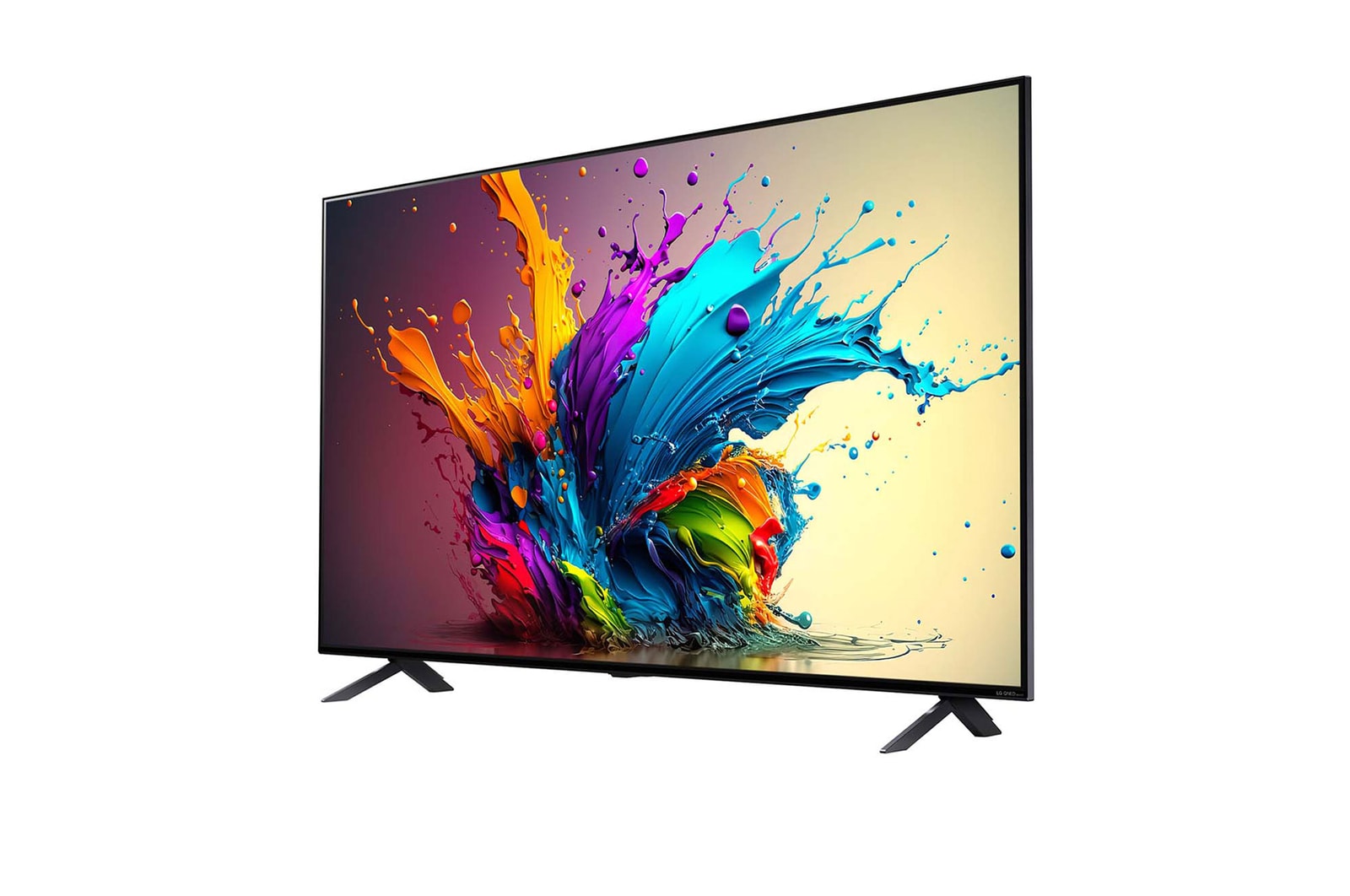 Slightly-angled left-facing side view of LG QNED TV, QNED90
