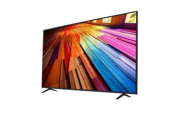 Slightly-angled left-facing side view of LG UHD TV, UT80