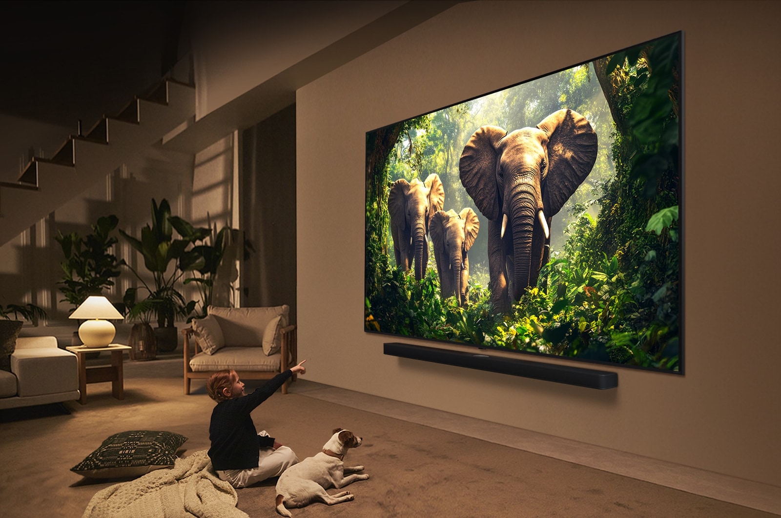 Sci-fi content is playing on an LG TV screen. On the screen is the Al Chatbot interface. The user messaged the chatbot saying that the screen is too dark. The chatbot offered solutions to the request. The whole scene is also split in two. One side is darker, the other side is brighter, showing how Al Chatbot solved the issue for the user automatically. Text explains Al Chatbot can understand user intent and provide solutions to troubleshoot.