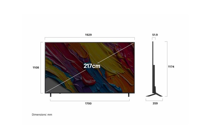 Front view and side view of LG QNED82 AI 4K Smart TV showing its length, width, height, and depth dimensions.