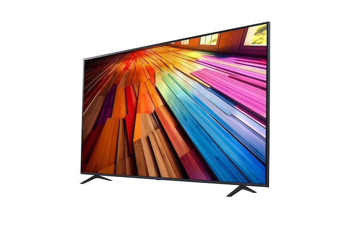 Slightly-angled left-facing side view of LG UHD TV, UT80