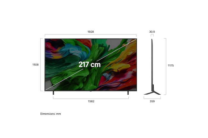 Front view and side view of LG QNED evo AI QNED85 4K Smart TV showing its length, width, height, and depth dimensions.