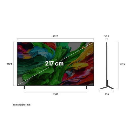 Front view and side view of LG QNED evo AI QNED85 4K Smart TV showing its length, width, height, and depth dimensions.