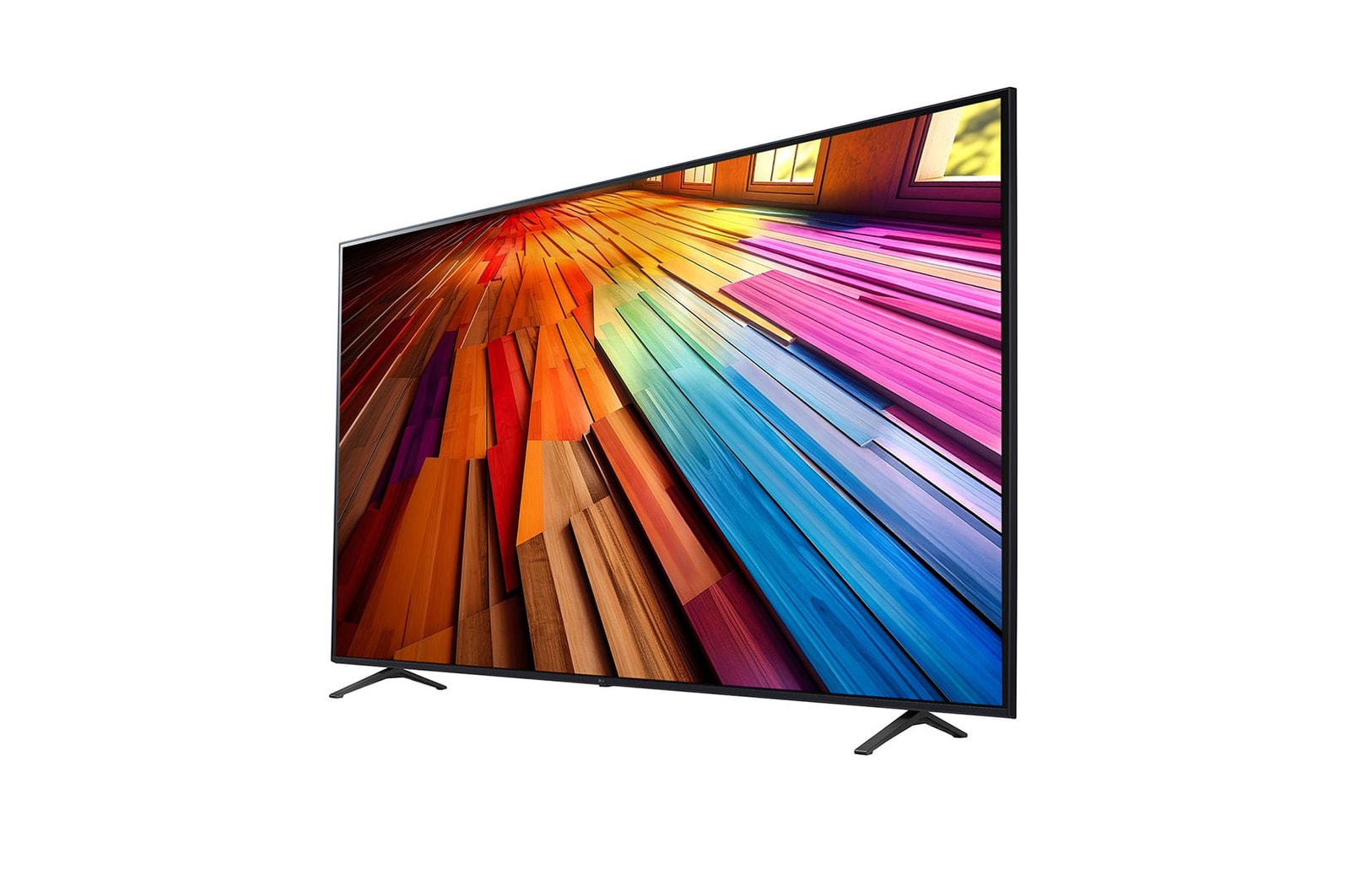 Slightly-angled left-facing side view of LG UHD TV, UT80
