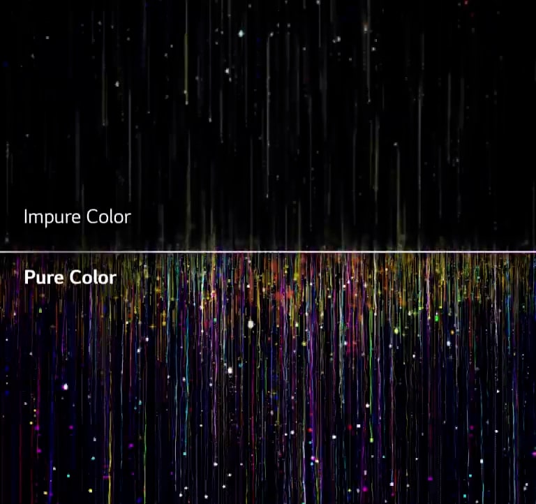 Impure colors as seen on conventional TVs on top passing through NanoCell filters to create pure colors on the bottom.