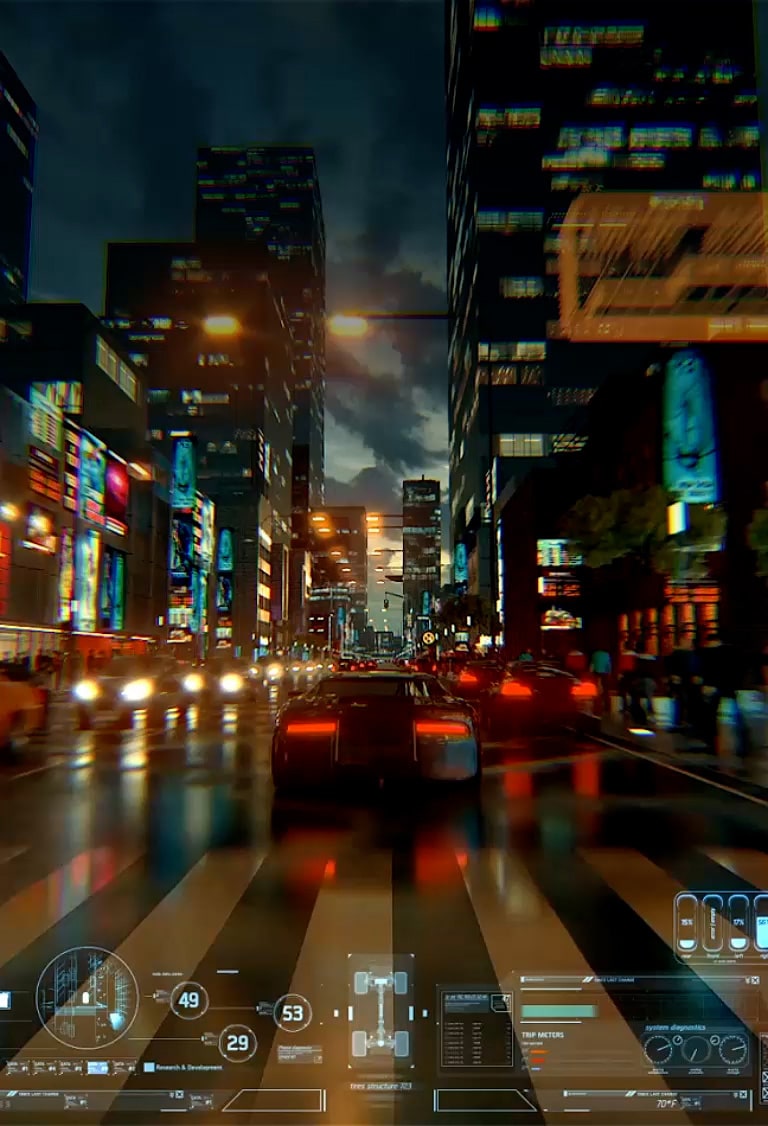A video following a car from behind in a video game as it drives through a brightly-lit city street at dusk.