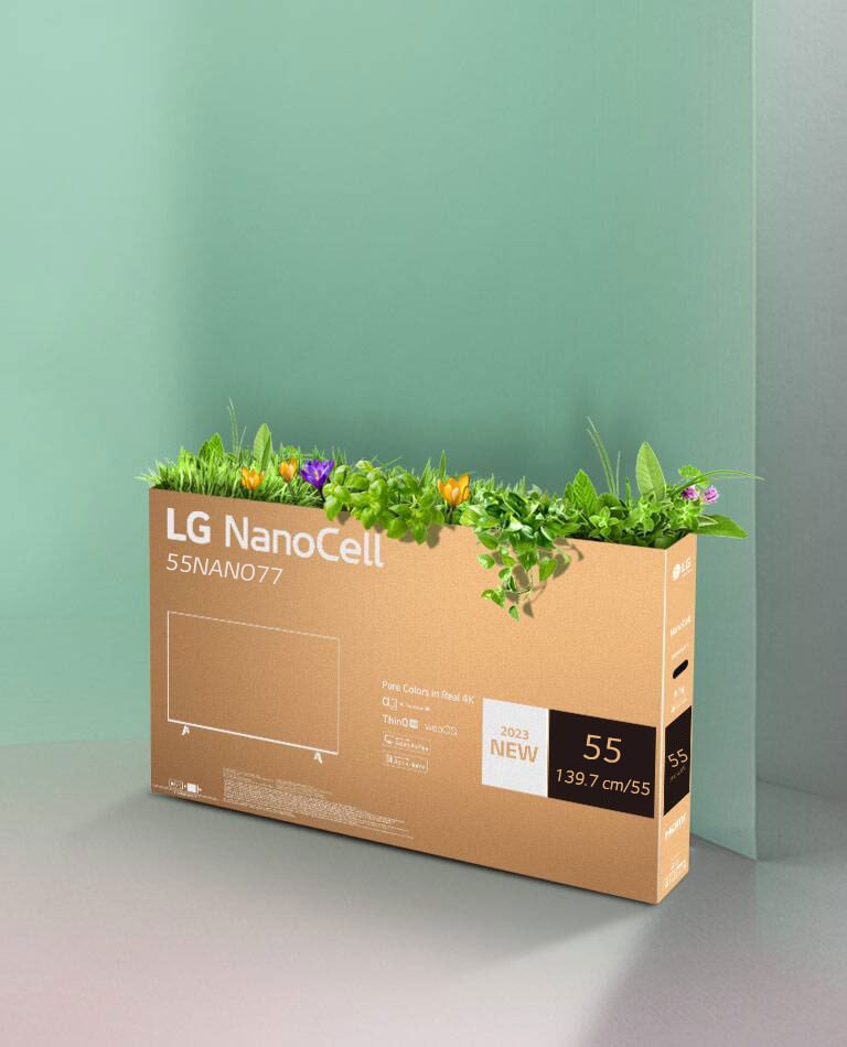 LG 55nano77sra LG NanoCell TV's recyclable box with flowers and plants sprouting from the top of the box.