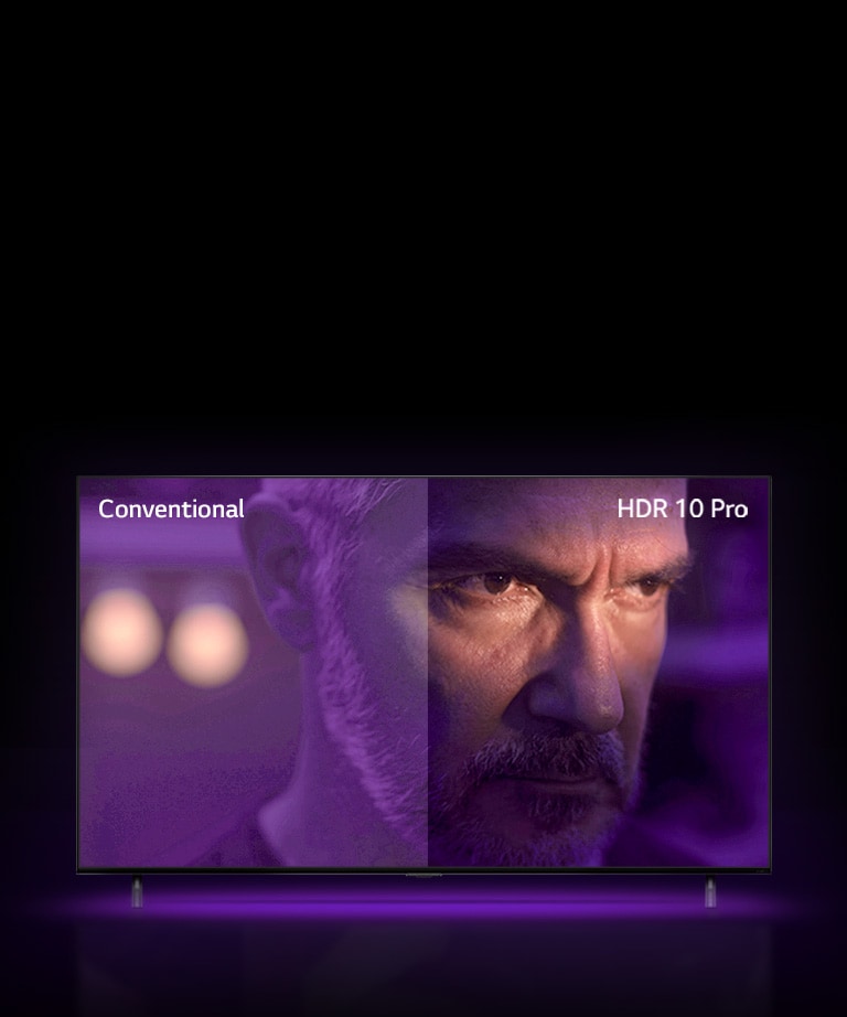 A man is staring outside, looking mad. The image is divided into two part. On left half of image appears to be dull and less vibrant color, while on the right half of image looks more vibrant with more colors. On left top corner says ‘conventional’, on right top corner says ‘HDR 10 PRO’.