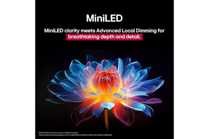 3D holographic flower in many different shades and hues against a black background. The definition and detail of the flower shows off QNED MiniLED's capability to produce visuals with exceptional color, brightness, and contrast. The title talks about how MiniLED and enhances clarity and provides exceptional contrast.