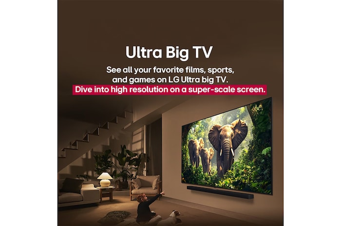 A girl and a dog are seated in front of a LG QNED TV mounted on a wall depicting three elephants walking outwards above a LG Soundbar. The title talks about how every action is more thrilling on a massive screen.
