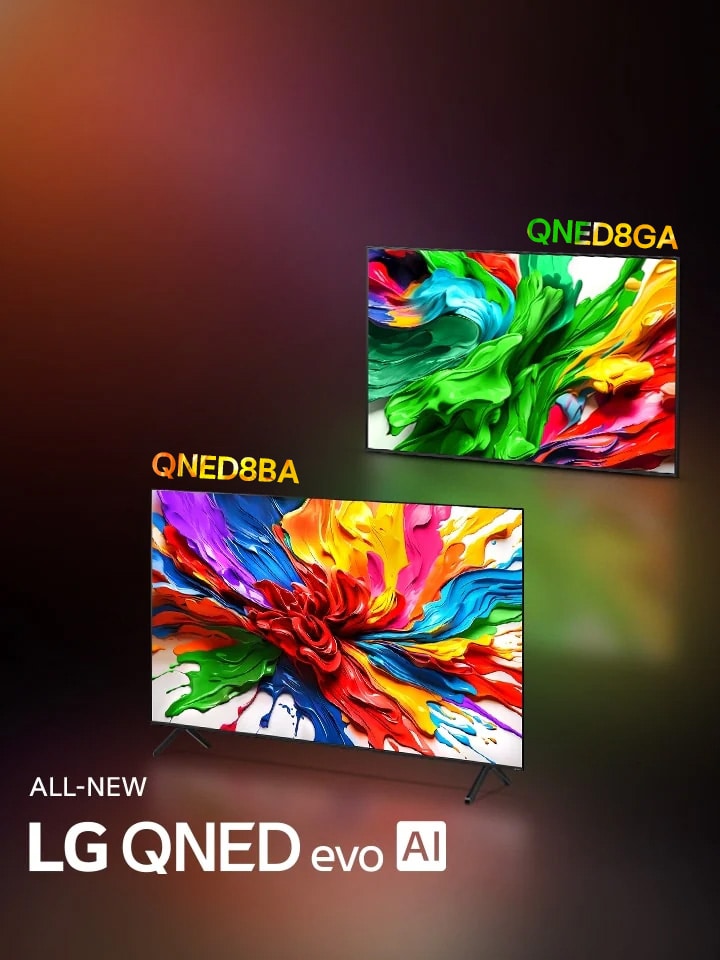 LG QNED92 and LG QNED85 TVs are side by side. Colorful artwork that highlights the new vivid and vibrant color reproduction technology of LG QNED are on their screens. ALL NEW LG QNED evo AI logo is also present.	
