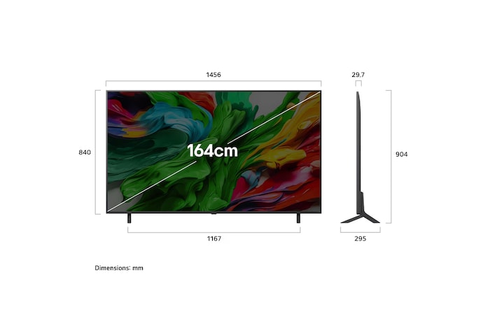 Front view and side view of LG QNED evo AI QNED85 4K Smart TV showing its length, width, height, and depth dimensions.