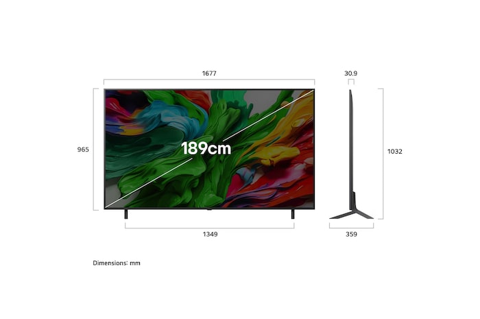 Front view and side view of LG QNED evo AI QNED85 4K Smart TV showing its length, width, height, and depth dimensions.