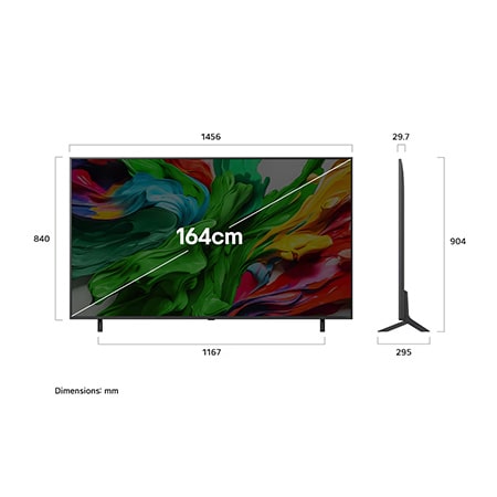 Front view and side view of LG QNED evo AI QNED85 4K Smart TV showing its length, width, height, and depth dimensions.