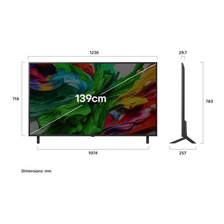 Front view and side view of LG QNED evo AI QNED85 4K Smart TV showing its length, width, height, and depth dimensions.