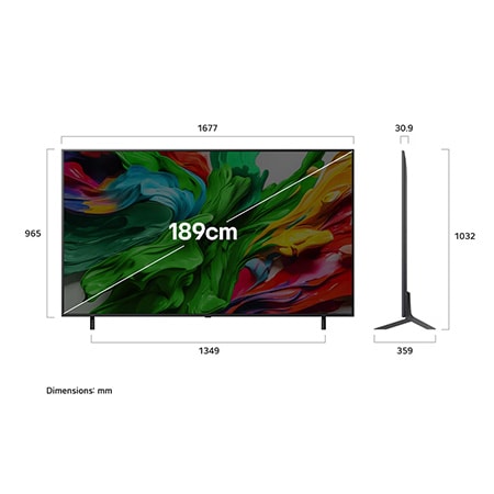 Front view and side view of LG QNED evo AI QNED85 4K Smart TV showing its length, width, height, and depth dimensions.