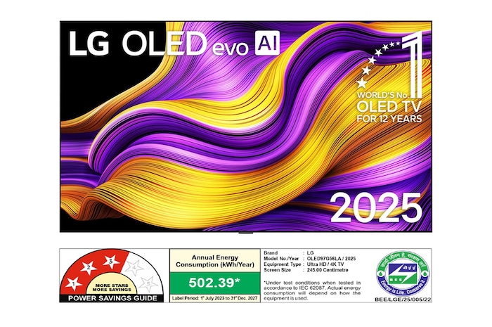 Front view of LG OLED evo AI G5 4K Smart TV. 12 Years of world number 1 OLED emblem and LG OLED evo AI 2025 logo are on the screen.