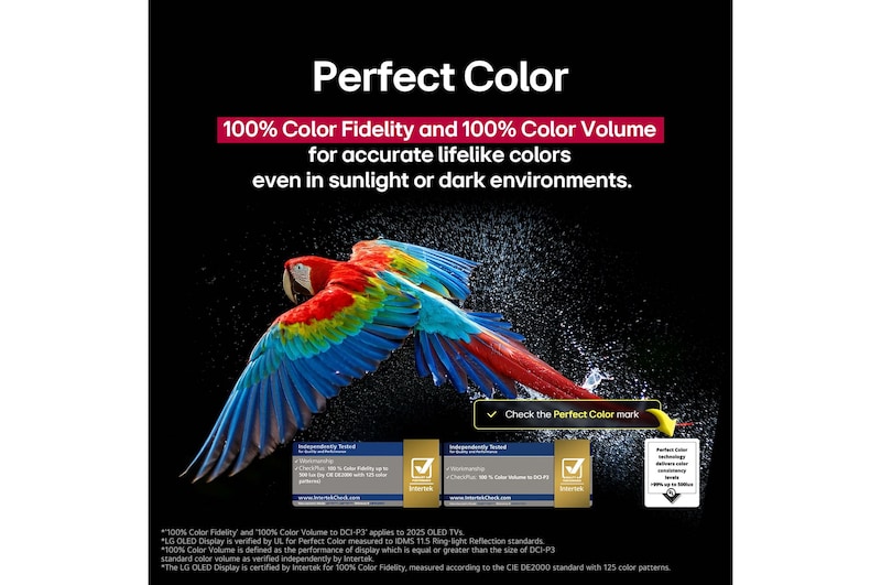 Colorful parrot in ultra-high definition against a black background. Water drops are suspended in the air all around it. The image showcases Perfect Color as each different hue on the parrot's body is vibrant and vivid. Different logo certifications from UL and Intertek are visible. These refer to 100% Color Fidelity and 100% Color Volume. Text is also visible, check the Perfect Color certification mark.