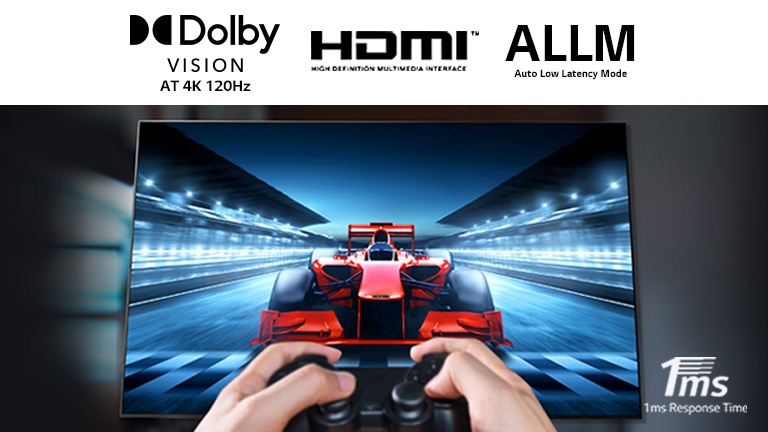 A close up of a player playing a racing game on a TV screen. On the image, there are Dolby Vision logo, HDMI logo and ALLM logo on the top and 1ms Response Time logo on the bottom right.
