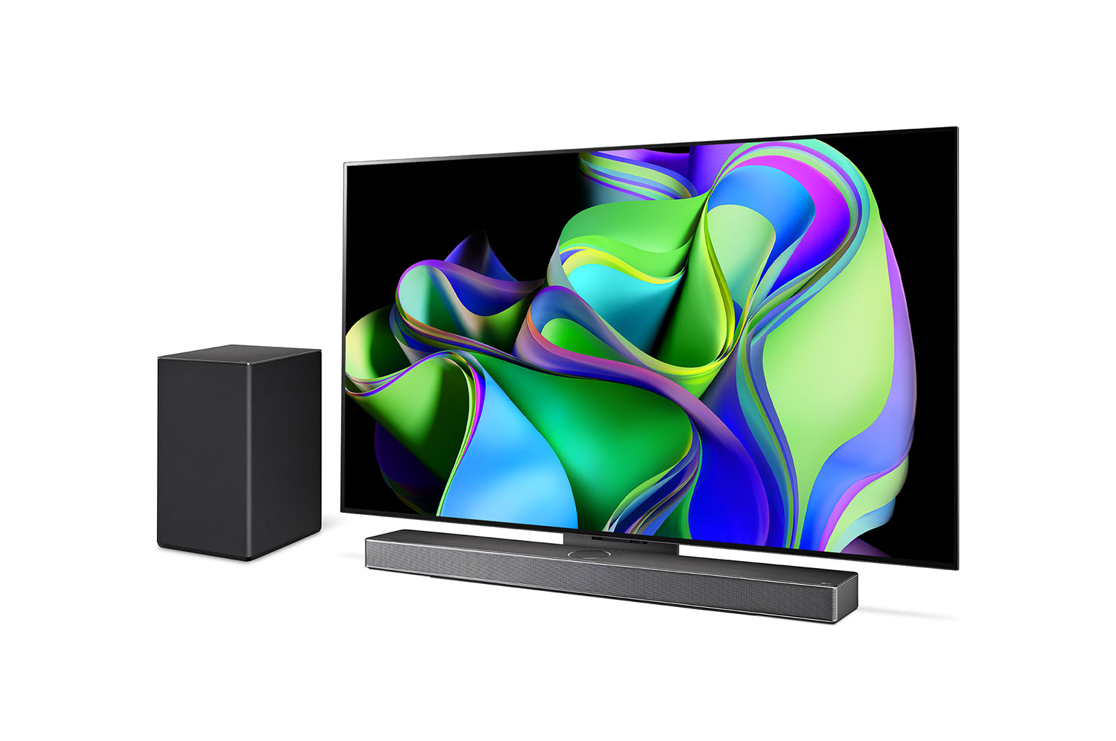 LG-OLED55C3PSA-Slightly-angled right-facing side view with the Soundbar below and additional speaker to the side. 