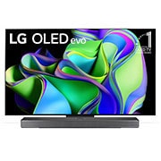 Front view with LG OLED evo and 11 Years World No.1 OLED Emblem on screen, as well as the Soundbar below. 