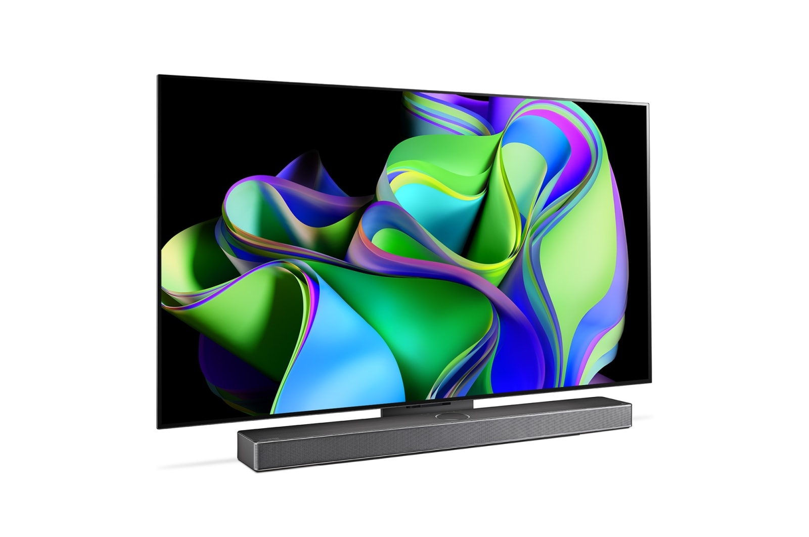 Slightly-angled left-facing side view with the Soundbar below. 