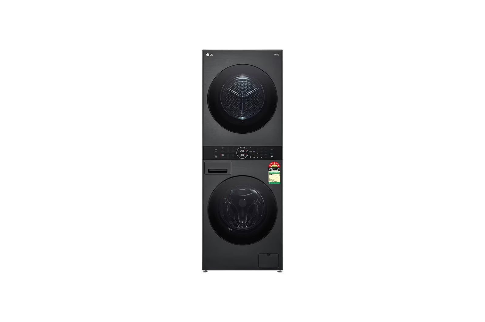 Front view of LG 13 kg (Wash) / 10 kg (Dry) WashTower™ with AI Direct Drive™, Dual Inverter Heat Pump™, Platinum Black, 5 Star FWT1310PB