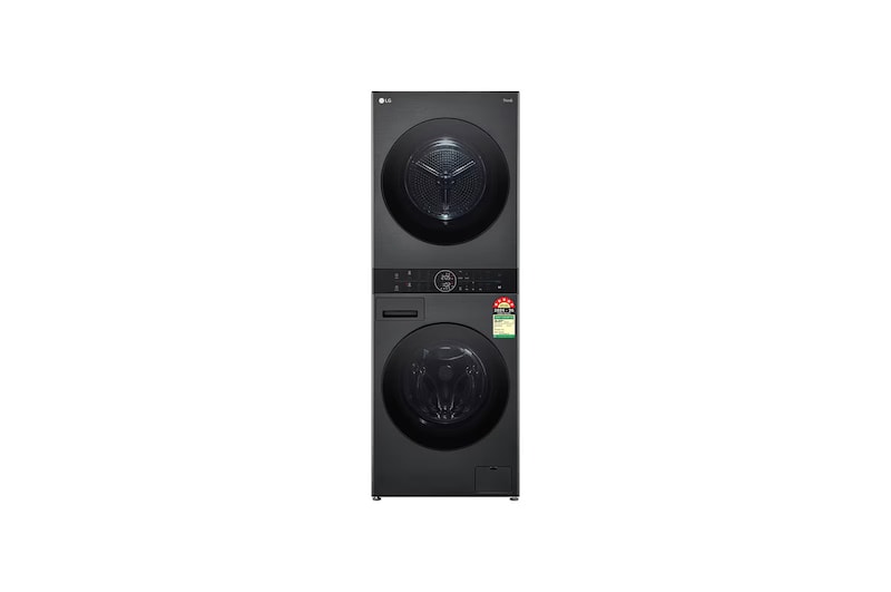 Front view of LG 13 kg (Wash) / 10 kg (Dry) WashTower™ with AI Direct Drive™, Dual Inverter Heat Pump™, Platinum Black, 5 Star FWT1310PB
