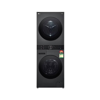 Front view of LG 13 kg (Wash) / 10 kg (Dry) WashTower™ with AI Direct Drive™, Dual Inverter Heat Pump™, Platinum Black, 5 Star FWT1310PB