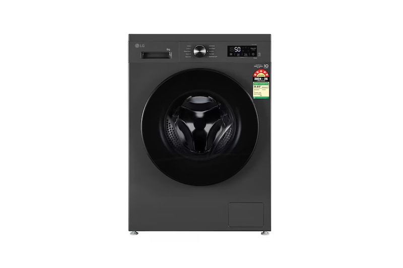 Front view of LG 8 Kg Front Load Washing Machine with 6 Motion DD, Steam Wash, Middle Black, 5 Star FHB1208Z4M