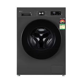 Front view of LG 8 Kg Front Load Washing Machine with 6 Motion DD, Steam Wash, Middle Black, 5 Star FHB1208Z4M