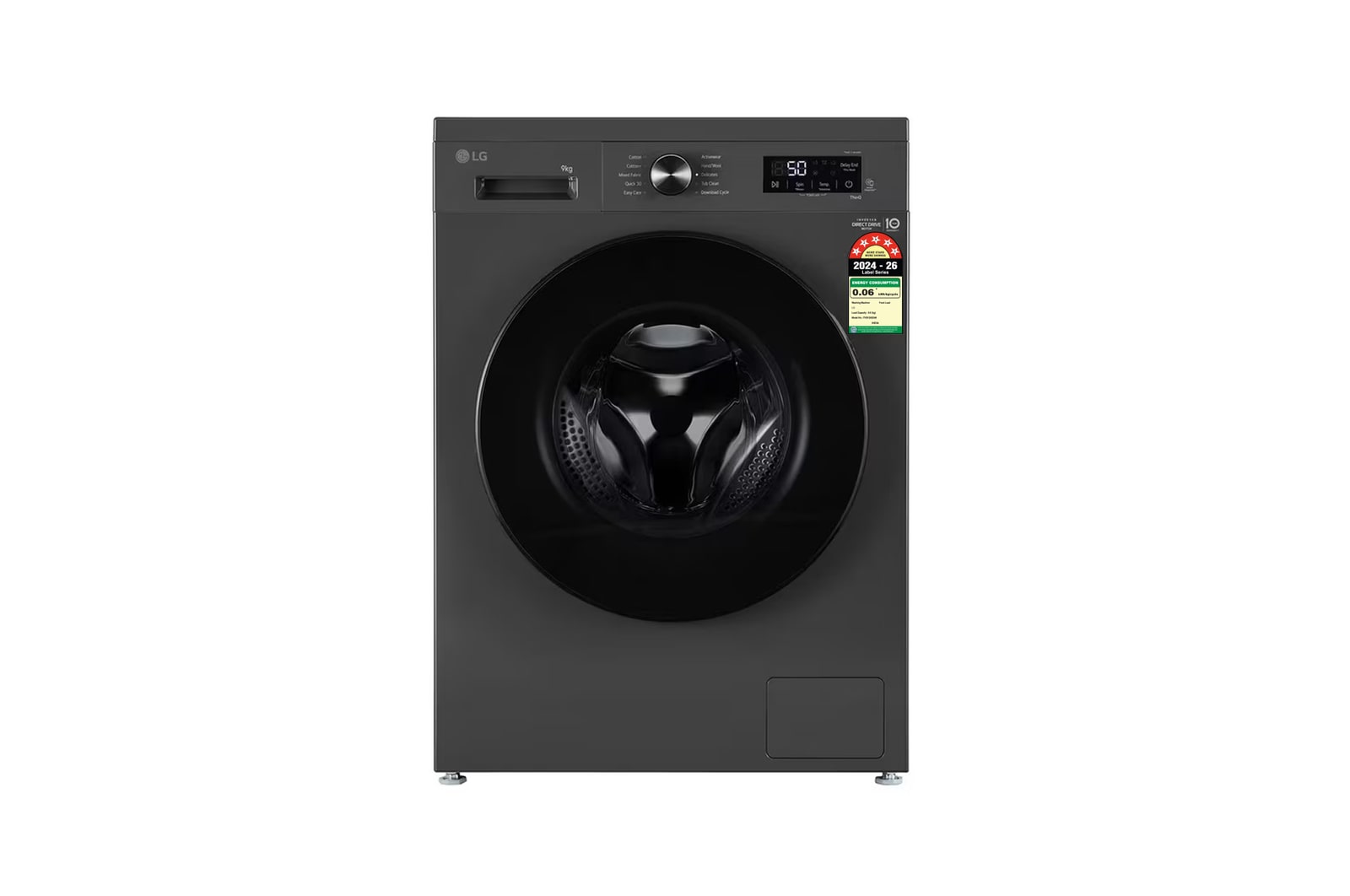Front view of LG 9 Kg Front Load Washing Machine with Inverter Direct Drive™, Steam Wash, Middle Black, 5 Star FHB1209Z4M