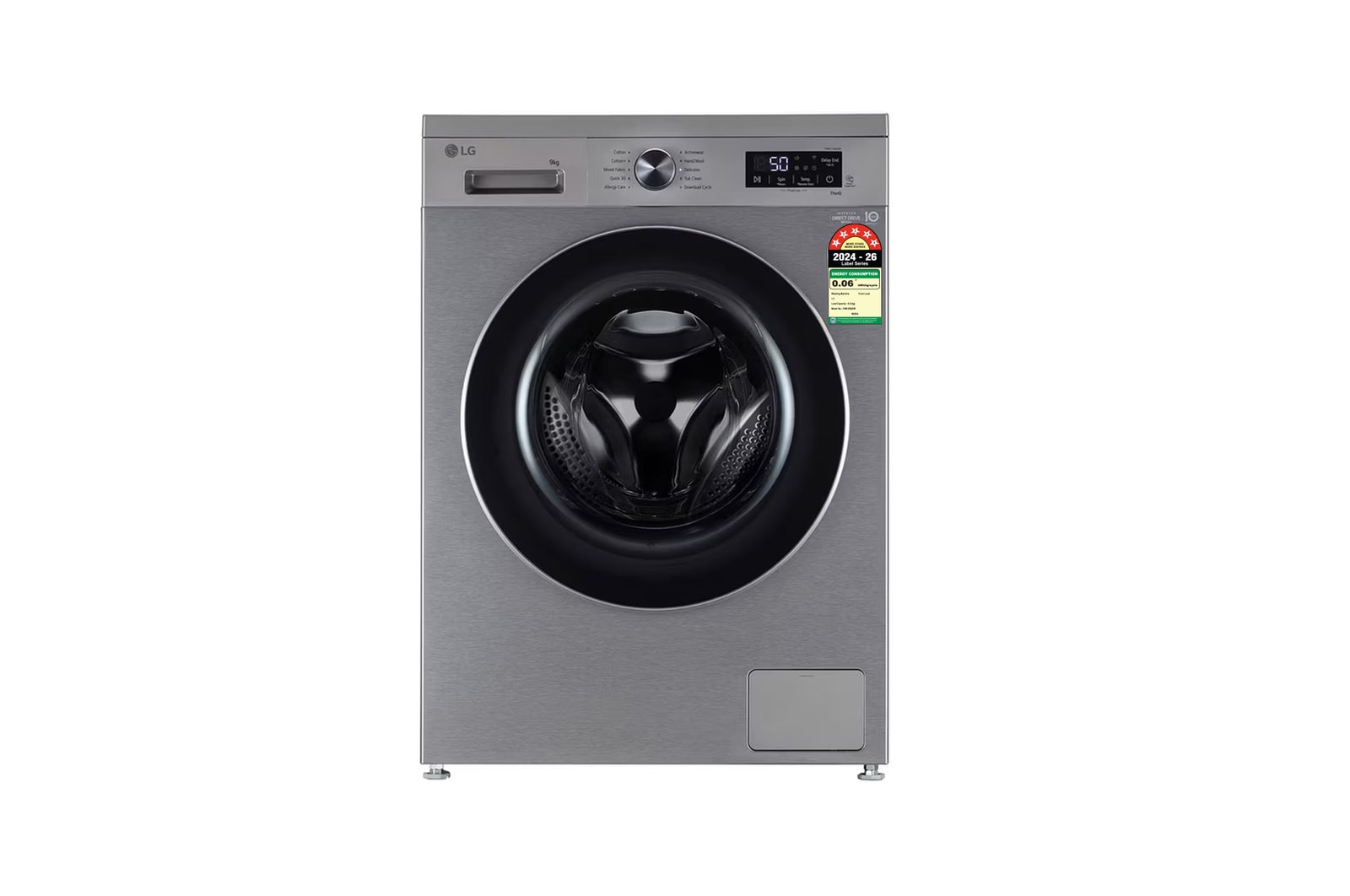 Front view of LG 9 Kg Front Load Washing Machine with AI Direct Drive™, Steam Wash, Platinum Silver, 5 Star FHB1209Z4P