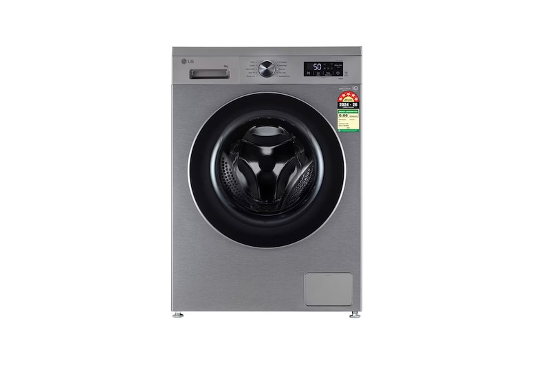 Front view of LG 9 Kg Front Load Washing Machine with AI Direct Drive™, Steam Wash, Platinum Silver, 5 Star FHB1209Z4P
